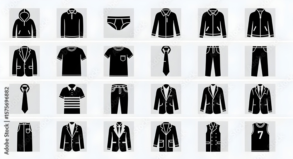 Fototapeta premium Collection of various menswear clothing items in silhouette