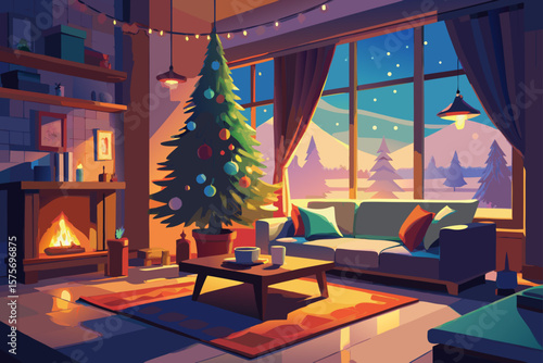 christmas room with fireplace