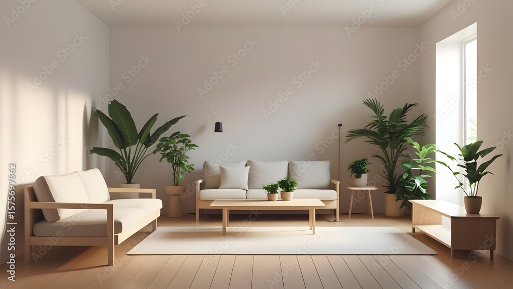 Fototapeta premium Serene Living Room Interior with Minimalist Design and Abundant Natural Light