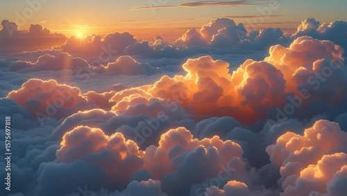 Majestic sunset illuminating cumulus clouds in a serene sky-high landscape