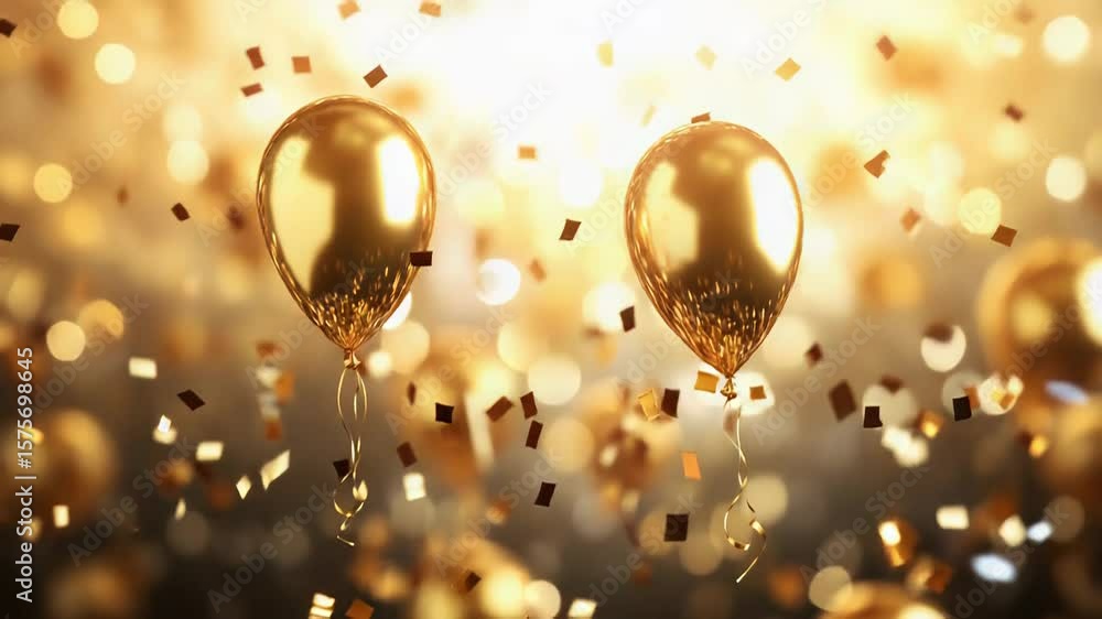 Golden balloons floating with falling confetti on a festive background ...
