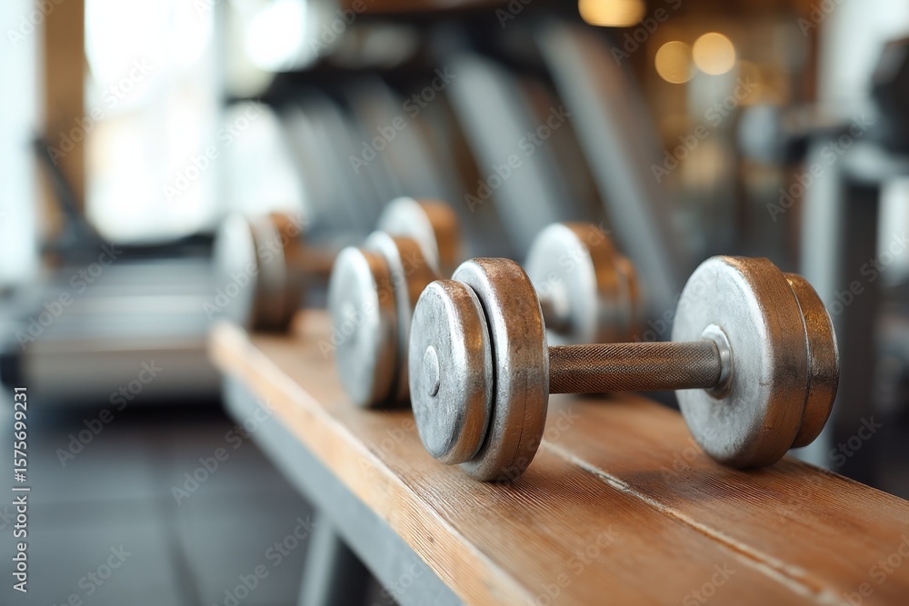 Fototapeta premium Dumbbells on Wooden Rack in Gym, Representing Fitness Motivation and Healthy Lifestyle Choice for Sports and Exercise : Generative AI