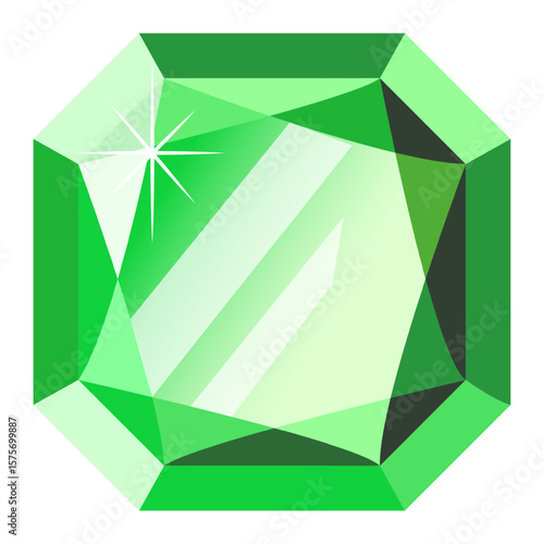 Large, sparkling green emerald gemstone reflecting light, creating a dazzling display of brilliance and vibrant color through its intricate facets, exuding luxury and elegance