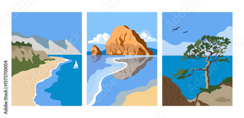 Beautiful seascapes, view from the coast to the sea. Pines, rocks, sailboat. Vector set of three different seascapes, vibe of rest, travel and freedom