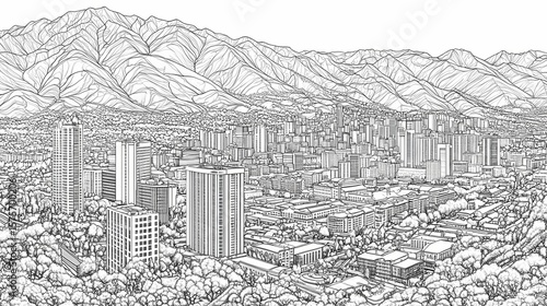 Cityscape sketch with mountains in the background.