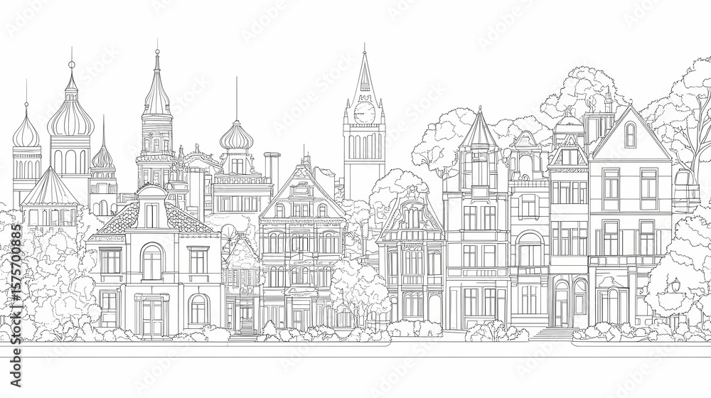 Naklejka premium Black and white illustration of an old European town.