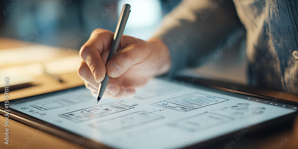 UI/UX Design Process: Hand Using Tablet for Mobile App Interface Development, Prototyping, and Wireframing with Sticky Notes in a Modern Creative Workspace.
UI/UX Design Process: Hand Using Tablet for Mobile App Interface Development, Prototyping, and Wireframing with Sticky Notes in a Modern Creative Workspace.
