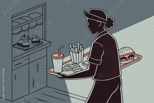 Silhouette of a chef presenting a tray of delicious fast food