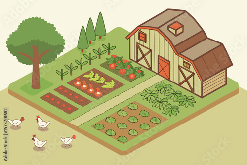 Isometric farm scene with chickens vegetables and barn in vibrant colors