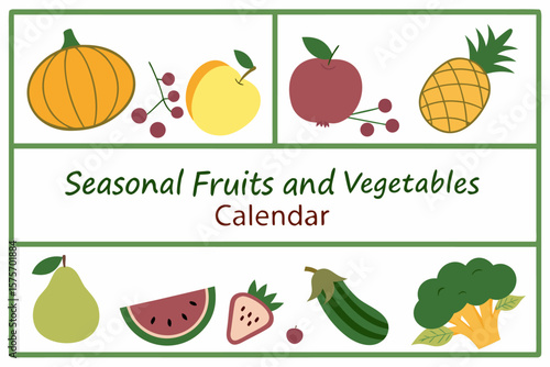 Flat vector illustration of seasonal fruits and vegetables in a colorful arrangement