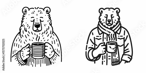 A Bear hold coffee mug. Cartoon Line Art Clipart Minimal Retro Vector Illustration. Animal grips cup drinking beverage cute furry creature enjoys warm drink.