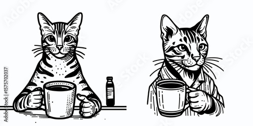 A Bengal Cat hold coffee mug. Cartoon Line Art Clipart Minimal Retro Vector Illustration. Domestic feline grasping warm beverage container spotted kitten drinking.