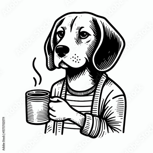 A Beagle Dog hold coffee mug. Cartoon Line Art Clipart Minimal Retro Vector Illustration. Hound animal grasp warm beverage cup lovable canine drinking brew.