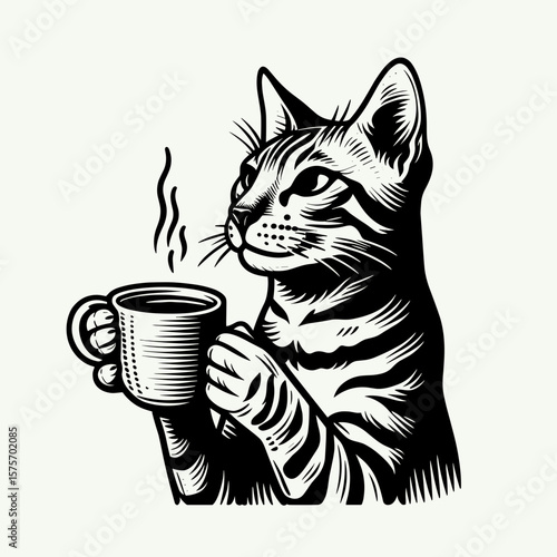 A Bengal Cat hold coffee mug. Cartoon Line Art Clipart Minimal Retro Vector Illustration. Feline pet grips java cup exotic domestic animal enjoys beverage.