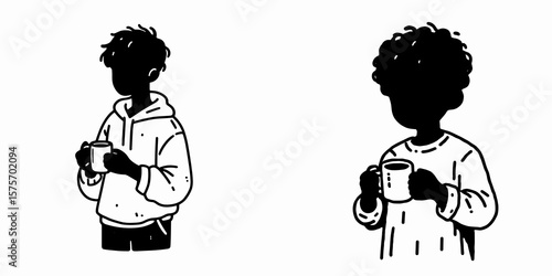 A black boy hold coffee mug. Cartoon Line Art Clipart Minimal Retro Vector Illustration. Young african american kid grasp java container beverage in hand portrait.