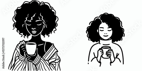 A black girl hold coffee mug. Cartoon Line Art Clipart Minimal Retro Vector Illustration. African american young female drinking warm beverage from container in hand.