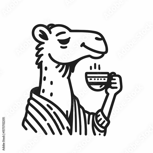 A Camel hold coffee mug. Cartoon Line Art Clipart Minimal Retro Vector Illustration. Desert beast gripping drink container funny novelty item picture.