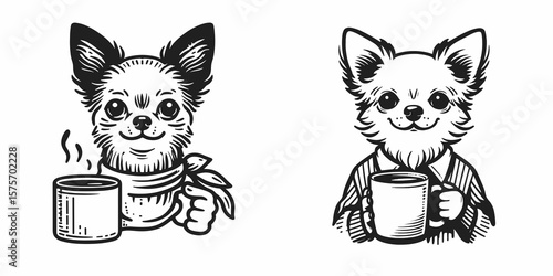 A Chihuahua Dog hold coffee mug. Cartoon Line Art Clipart Minimal Retro Vector Illustration. Tiny canine grasp warm drink container little pet animal enjoys morning beverage.