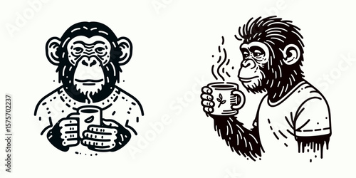 A Chimpanzee hold coffee mug. Cartoon Line Art Clipart Minimal Retro Vector Illustration. Ape gripping beverage container primate enjoys morning drink wild animal with cup.