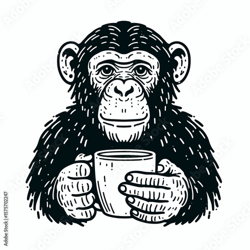A Chimpanzee hold coffee mug. Cartoon Line Art Clipart Minimal Retro Vector Illustration. Primate grasping beverage cup ape enjoys warm drink fauna grips java container.