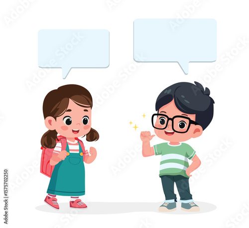 happy cute kid boy and girl dialog  cartoon vector illustration