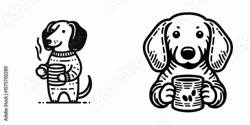 A Dachshund Dog hold coffee mug. Cartoon Line Art Clipart Minimal Retro Vector Illustration. Wiener breed with drinkware canine gripping mug java beverage theme.