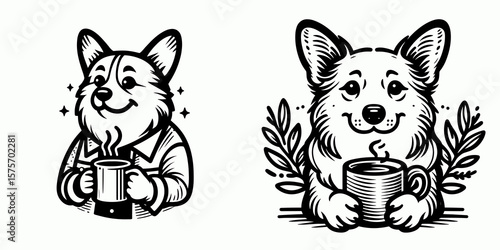 A Corgi Dog hold coffee mug. Cartoon Line Art Clipart Minimal Retro Vector Illustration. Welsh with drink holder cute pet enjoys warm beverage in vessel.