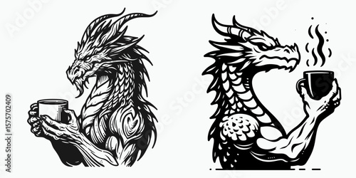 A Dragon hold coffee mug. Cartoon Line Art Clipart Minimal Retro Vector Illustration. Mythical creature grips drink container morning beverage at home office ceramic ware.