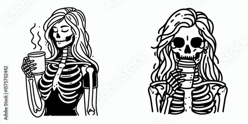 A female skeleton hold coffee mug. Cartoon Line Art Clipart Minimal Retro Vector Illustration. Ladys bone figure grips beverage container morning human cup idea.