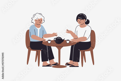 Illustration of Elderly Drinking Tea at Table
