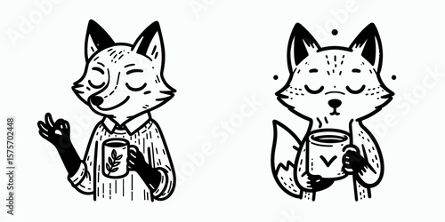 A Fox hold coffee mug. Cartoon Line Art Clipart Minimal Retro Vector Illustration. Woodland creature grasp ceramic cup with java beverage for morning drink.