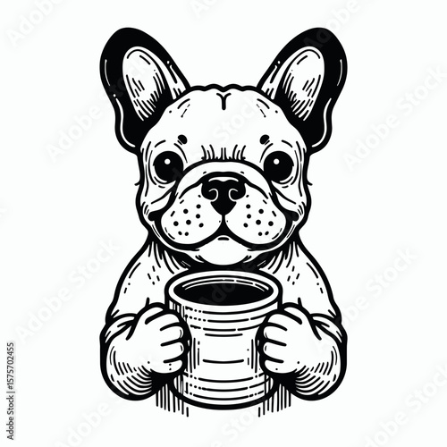 A French Bulldog hold coffee mug. Cartoon Line Art Clipart Minimal Retro Vector Illustration. Canine grips beverage cup small enjoys warm drink during relaxation.