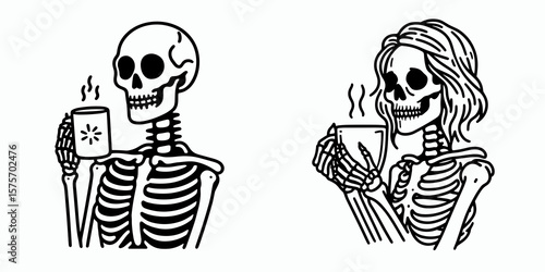 A female skeleton hold coffee mug. Cartoon Line Art Clipart Minimal Retro Vector Illustration. Lady bone structure gripping beverage container morning drink concept.