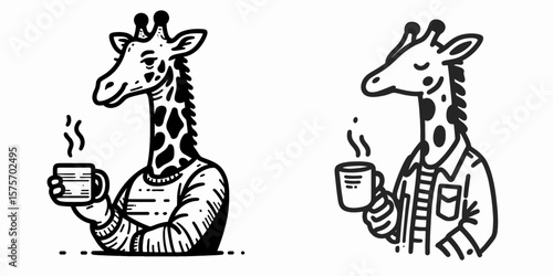 A Giraffe hold coffee mug. Cartoon Line Art Clipart Minimal Retro Vector Illustration. Tall creature enjoys warm beverage drinking from handled cup.