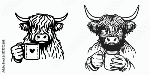 A Highland Cow hold coffee mug. Cartoon Line Art Clipart Minimal Retro Vector Illustration. Bovine mammal enjoys warm drink from ceramic container cattle.