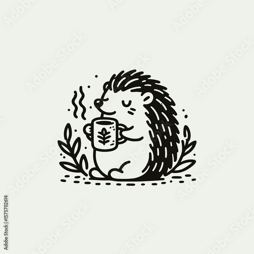 A Hedgehog hold coffee mug. Cartoon Line Art Clipart Minimal Retro Vector Illustration. Small spiny mammal enjoys warm drink from handled ceramic container.