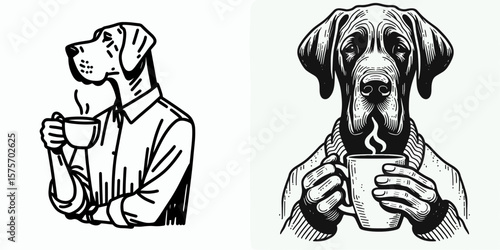 A Great Dane Dog hold coffee mug. Cartoon Line Art Clipart Minimal Retro Vector Illustration. Huge canine with drink ware jumbo hound handling java cup home decor.