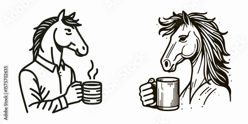 A Horse hold coffee mug. Cartoon Line Art Clipart Minimal Retro Vector Illustration. Equine gripping cup beverage container comical picture domestic animal drink.