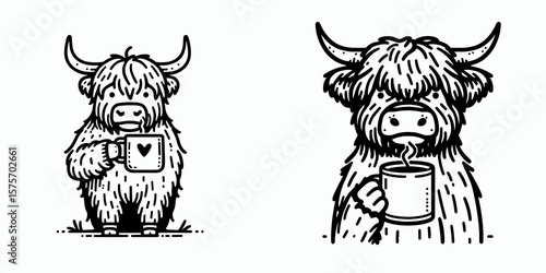 A Highland Cow hold coffee mug. Cartoon Line Art Clipart Minimal Retro Vector Illustration. Bovine holding beverage cup hairy cattle enjoys warm drink.