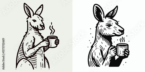 A Kangaroo hold coffee mug. Cartoon Line Art Clipart Minimal Retro Vector Illustration. Marsupial grasping warm beverage container animal displaying drinkware object.