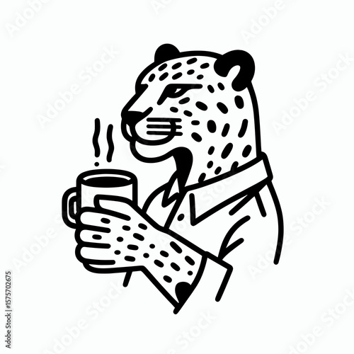 A Leopard hold coffee mug. Cartoon Line Art Clipart Minimal Retro Vector Illustration. Feline with speckled coat grips warm beverage container for liquid.