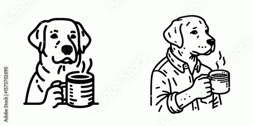 A Labrador Retriever Dog hold coffee mug. Cartoon Line Art Clipart Minimal Retro Vector Illustration. Canine has warm beverage cup cute pet hound drinking.