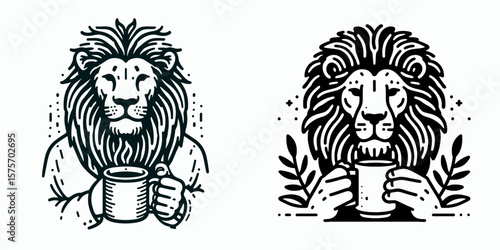 A Lion hold coffee mug. Cartoon Line Art Clipart Minimal Retro Vector Illustration. Big cat with beverage holder animal enjoying warm drink in container.