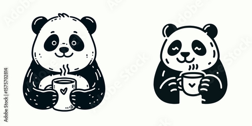 A Panda hold coffee mug. Cartoon Line Art Clipart Minimal Retro Vector Illustration. Bear grip warm beverage container lovely image for theme design.