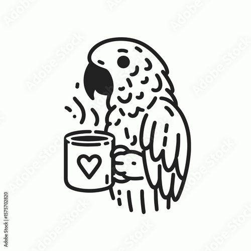 A Parrot hold coffee mug. Cartoon Line Art Clipart Minimal Retro Vector Illustration. Avian pet display beverage container bird showing warm drink cup.