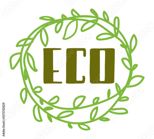 Circular green leaves framing the word eco symbolize nature conservation and promote eco friendly practices, highlighting the importance of sustainability for the future