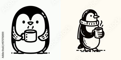 A Penguin hold coffee mug. Cartoon Line Art Clipart Minimal Retro Vector Illustration. Antarctic bird grip warm beverage cup avian enjoys morning drink.