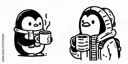 A Penguin hold coffee mug. Cartoon Line Art Clipart Minimal Retro Vector Illustration. Fowl grasp hot beverage container antarctic bird clutches drinkware.