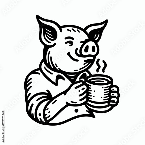 A Pig hold coffee mug. Cartoon Line Art Clipart Minimal Retro Vector Illustration. Farm animal grasping drinkware comical swine keeping warm with beverage.