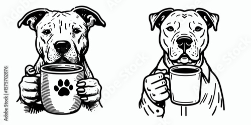 A Pittbulls Dog hold coffee mug. Cartoon Line Art Clipart Minimal Retro Vector Illustration. Canine pet grips java cup pit bull breed beverage carrier domestic animal.